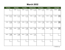 March 2032 Calendar with Day Numbers