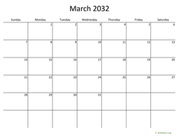 March 2032 Calendar with Bigger boxes