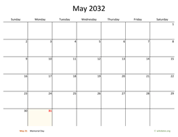 May 2032 Calendar with Bigger boxes