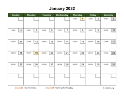 Monthly 2032 Calendar with Day Numbers