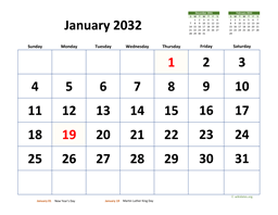Monthly 2032 Calendar with Extra-large Dates