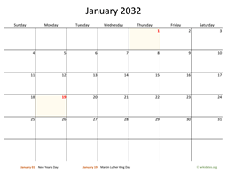 Monthly 2032 Calendar with Bigger boxes