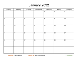 Monthly Basic Calendar for 2032