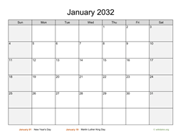 Monthly 2032 Calendar with Weekend Shaded
