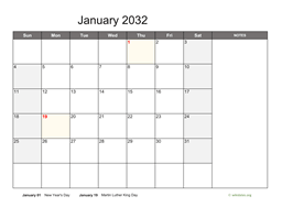 Monthly 2032 Calendar with Notes