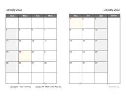 Monthly 2032 Calendar on two pages