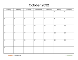 Basic Calendar for October 2032