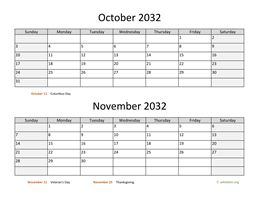 October and November 2032 Calendar
