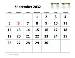 September 2032 Calendar with Extra-large Dates