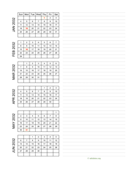 six months 2032 calendar vertical with notes