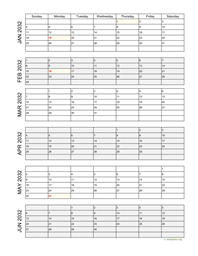 six months 2032 calendar vertical