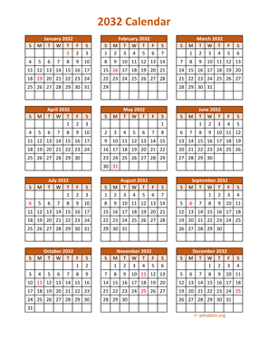 Full Year 2032 Calendar on one page