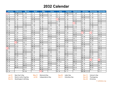 2032 Calendar Horizontal, One Page