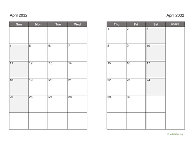April 2032 Calendar on two pages
