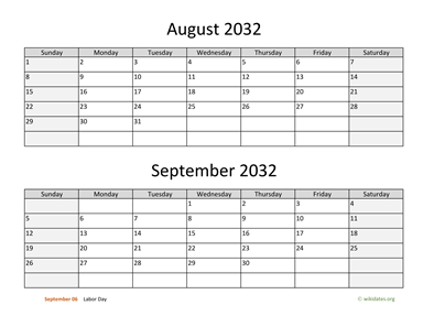 August and September 2032 Calendar Horizontal