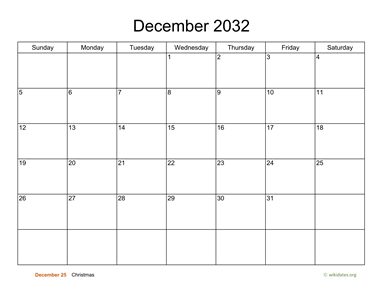 Basic Calendar for December 2032