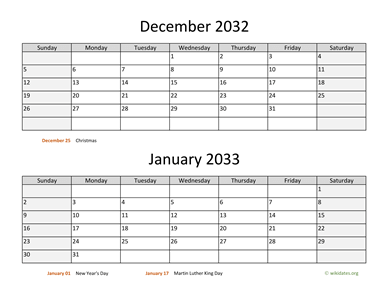 December 2032 and January 2033 Calendar Horizontal