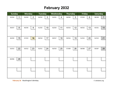 February 2032 Calendar with Day Numbers