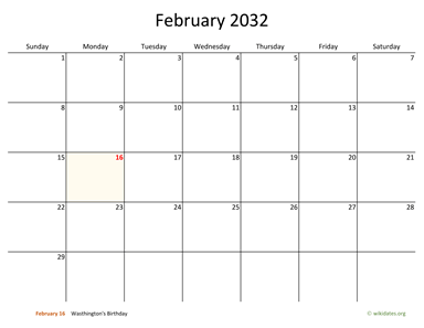 February 2032 Calendar with Bigger boxes