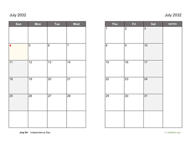 July 2032 Calendar on two pages