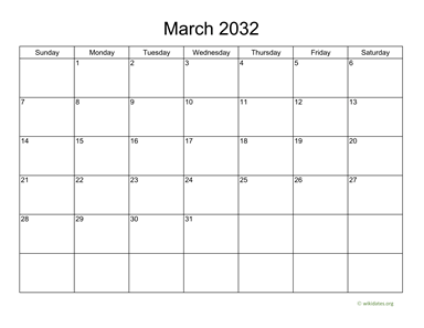 Basic Calendar for March 2032