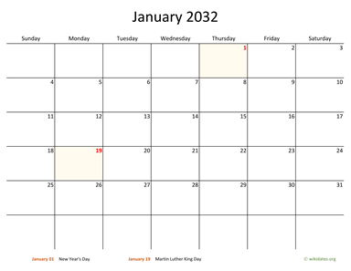 Monthly 2032 Calendar with Bigger boxes