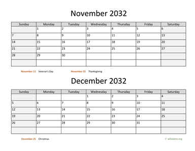 November and December 2032 Calendar Horizontal