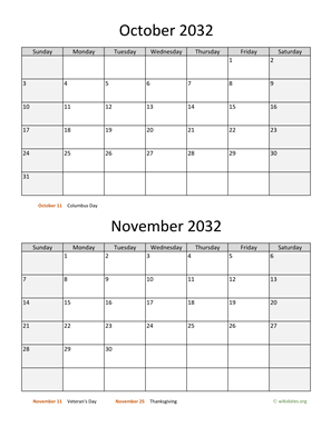 October and November 2032 Calendar Vertical