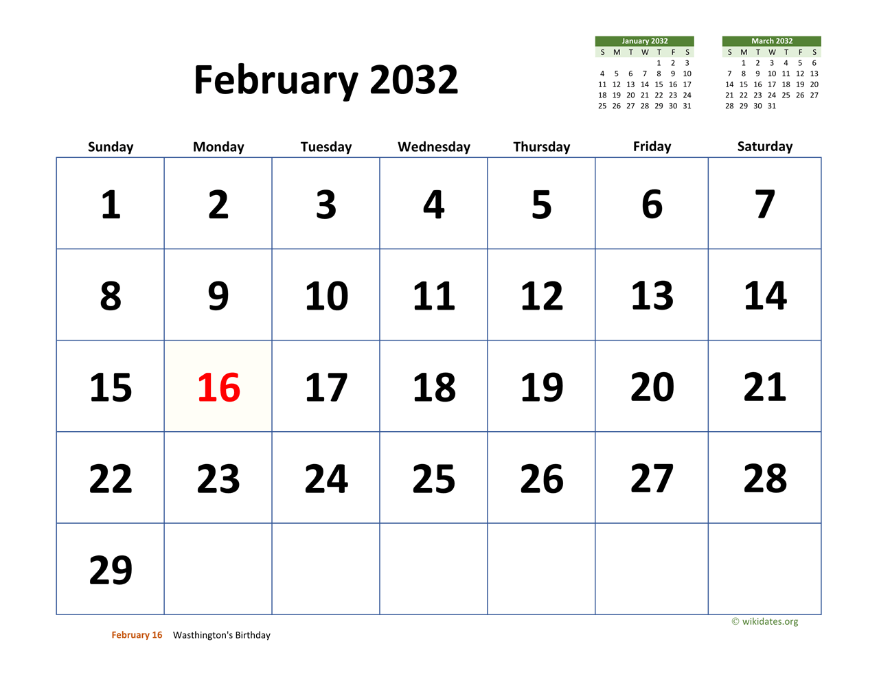 February 2032 Calendar with Extralarge Dates