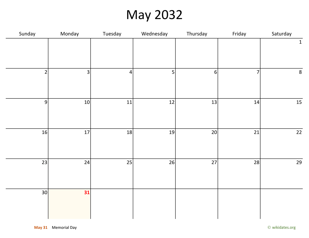 May 2032 Calendar With Bigger Boxes