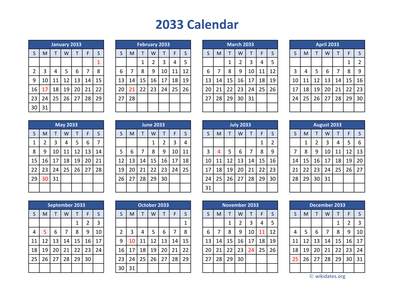 2033 Calendar In Pdf