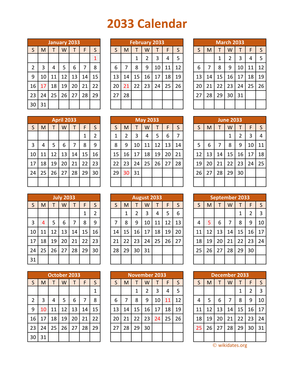 Full Year 2033 Calendar on one page