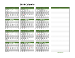 Yearly Printable 2033 Calendar with Notes