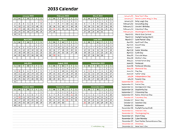 2033 Calendar with US Holidays