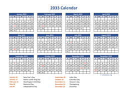 PDF Calendar 2033 with Federal Holidays