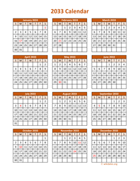 Full Year 2033 Calendar on one page