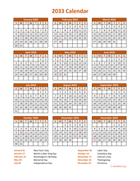 Calendar 2033 Vertical