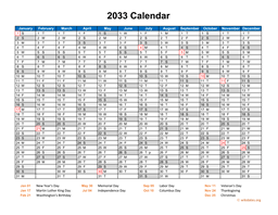 2033 Calendar Horizontal, One Page