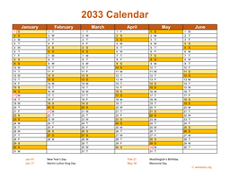 2033 Calendar on 2 Pages, Landscape Orientation