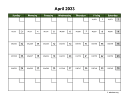 April 2033 Calendar with Day Numbers
