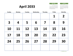 April 2033 Calendar with Extra-large Dates