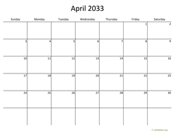 April 2033 Calendar with Bigger boxes