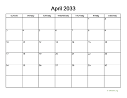 Basic Calendar for April 2033