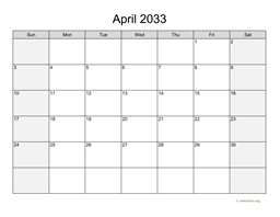 April 2033 Calendar with Weekend Shaded