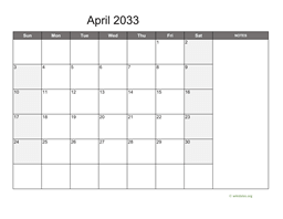 April 2033 Calendar with Notes