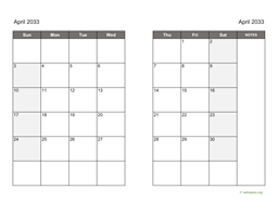 April 2033 Calendar on two pages