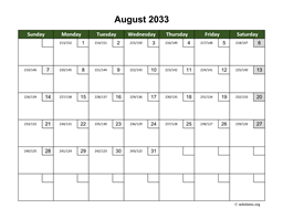 August 2033 Calendar with Day Numbers
