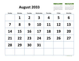August 2033 Calendar with Extra-large Dates