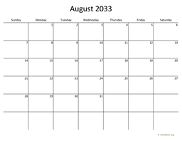 August 2033 Calendar with Bigger boxes