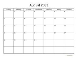 Basic Calendar for August 2033